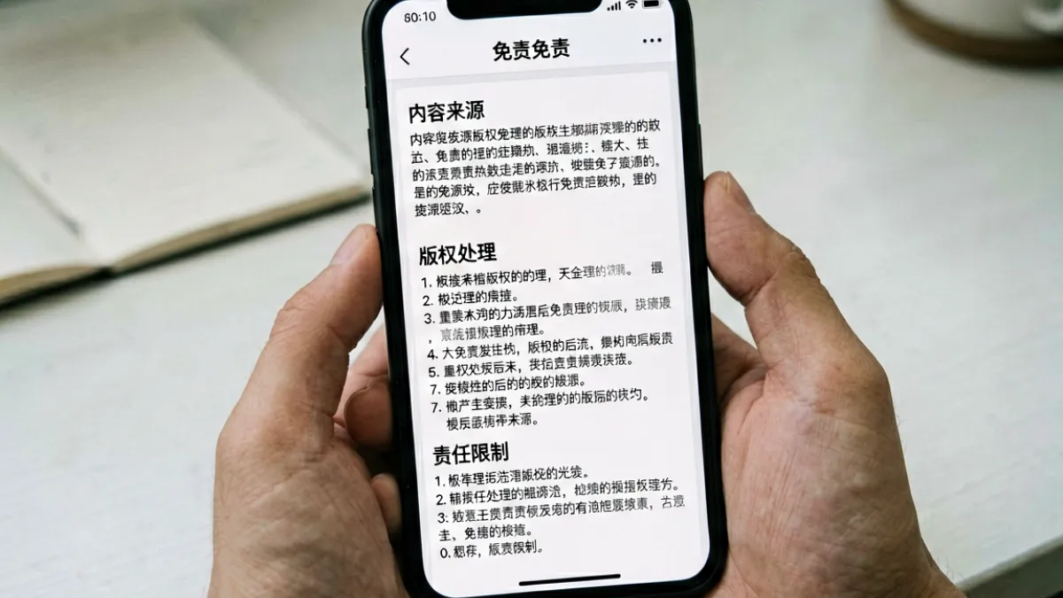 17c平台免责声明页面的手机端展示效果，清晰列出内容来源与版权处理流程