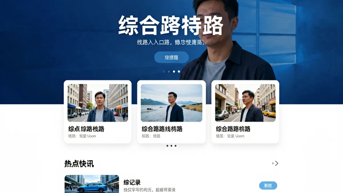 17c 综合门户首页全貌：展示多线路入口导航卡片与热点聚合内容区，界面简洁、分区清晰